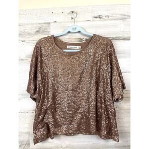 Rebecca Minkoff Womens L Bronze Gold Sequin Short Sleeve Party Top Lightweight
